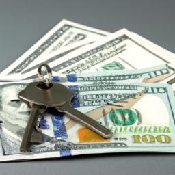 Saving for a down payment: cash stack and house key representing the funds required to secure a house loan.